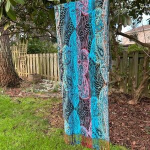 Nepal Aqua and green Patterned Boho  Scarf 50%silk 50% viscose, fringe ends